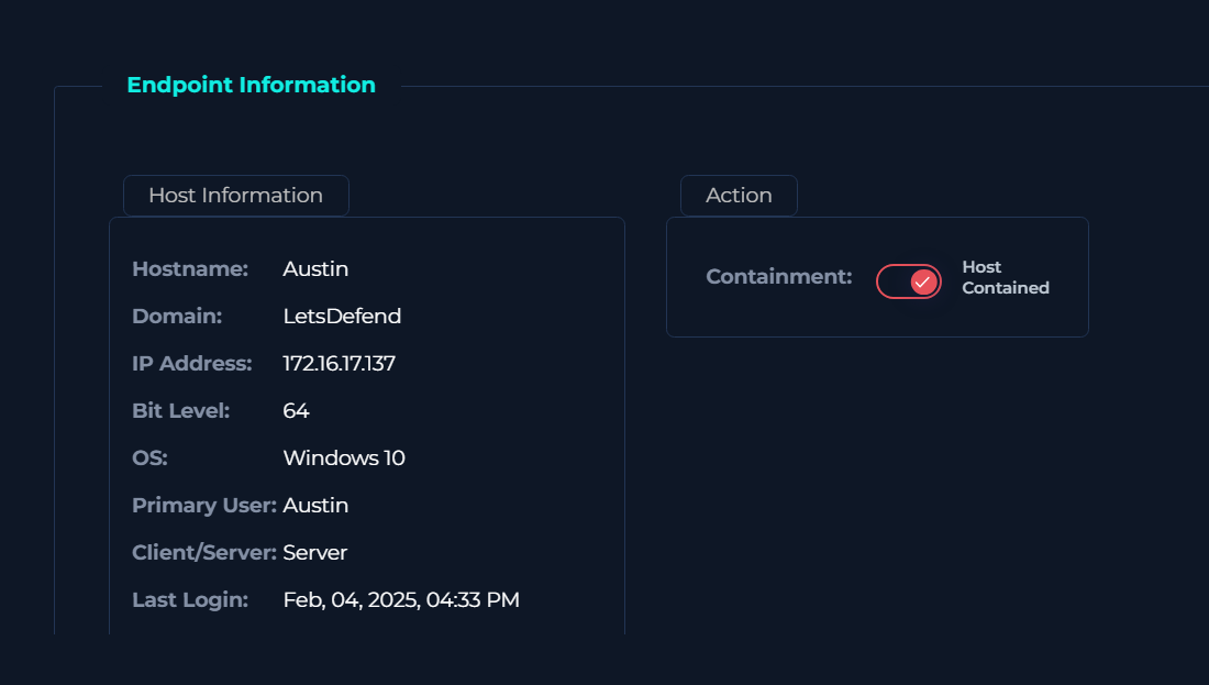Endpoint Security containment action isolating Austin's host